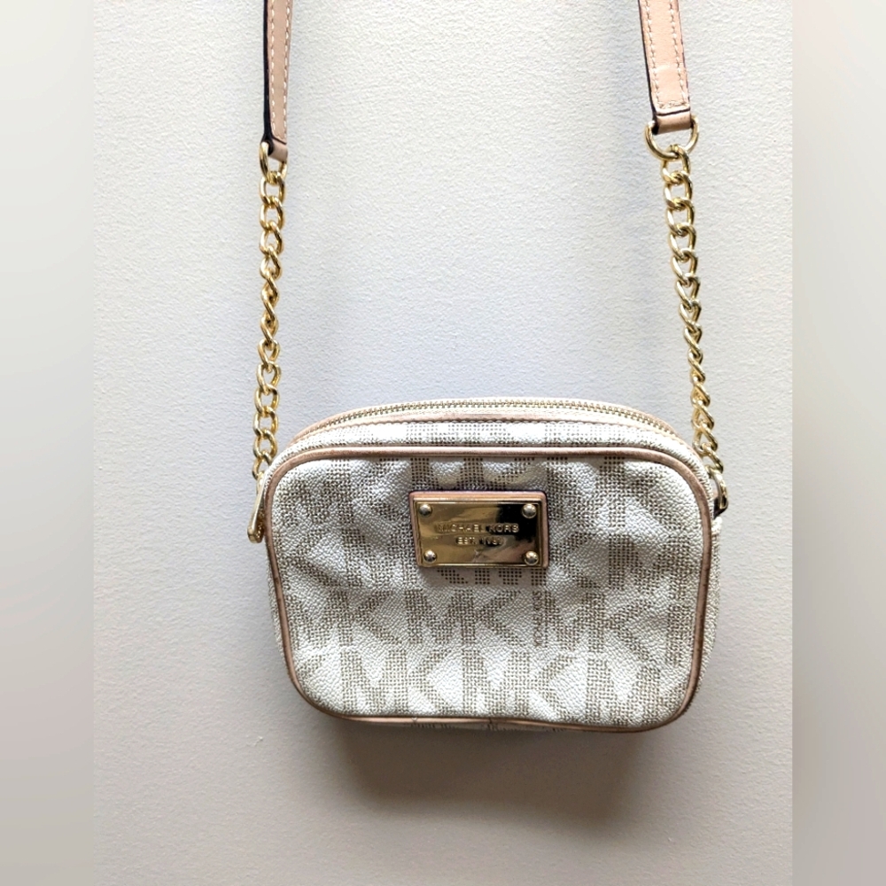Michael Kors White & Beige Monogram Jet Set Small Crossbody Purse Bag